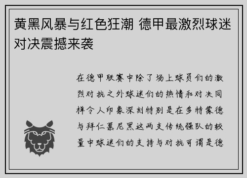 黄黑风暴与红色狂潮 德甲最激烈球迷对决震撼来袭