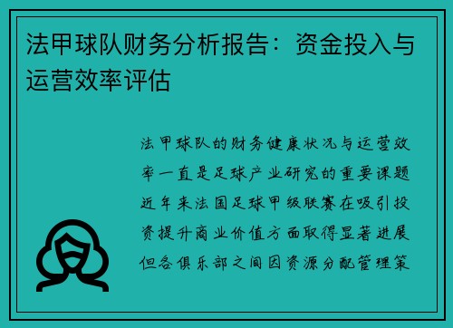 法甲球队财务分析报告：资金投入与运营效率评估